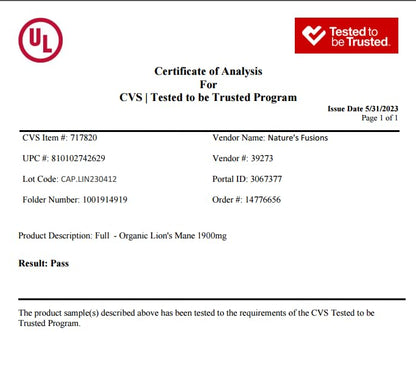 Nutri Lion’s Mane 1900mg – ORGANIC