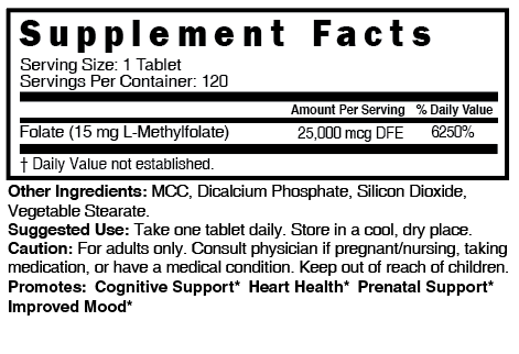 Nutri 5-MTHF L Methylfolate 15MG – 4 Month Supply, 120 Vegan Tablets