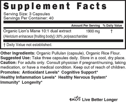 Nutri Lion’s Mane 1900mg – ORGANIC