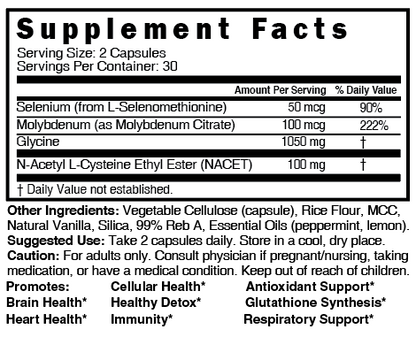 Nutri GlyNACET (Glycine W/ NAC Ethyl Ester, Molybdenum & Selenium) 1050/100mg – 60 Count